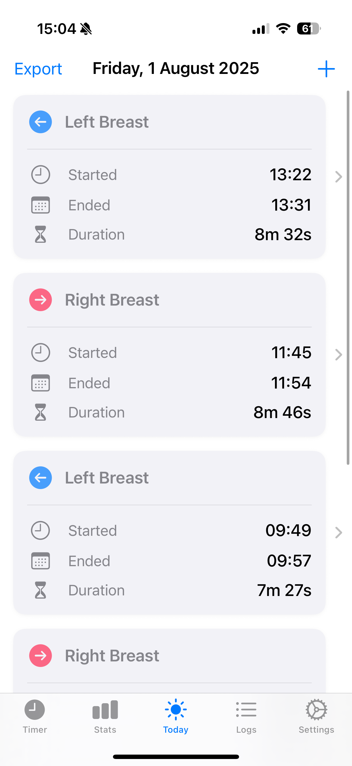 iPhone screen showing Daily Journal view of iOS Breast Feeding Timer App with a chronological list of breastfeeding sessions by time and side