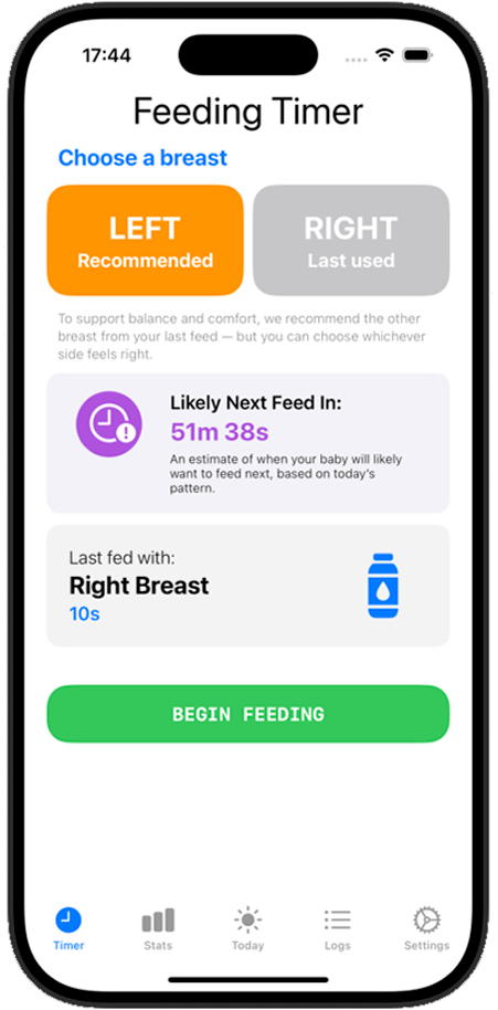 Breastfeeding timer screen showing active session and start time in Feeding Timer App
