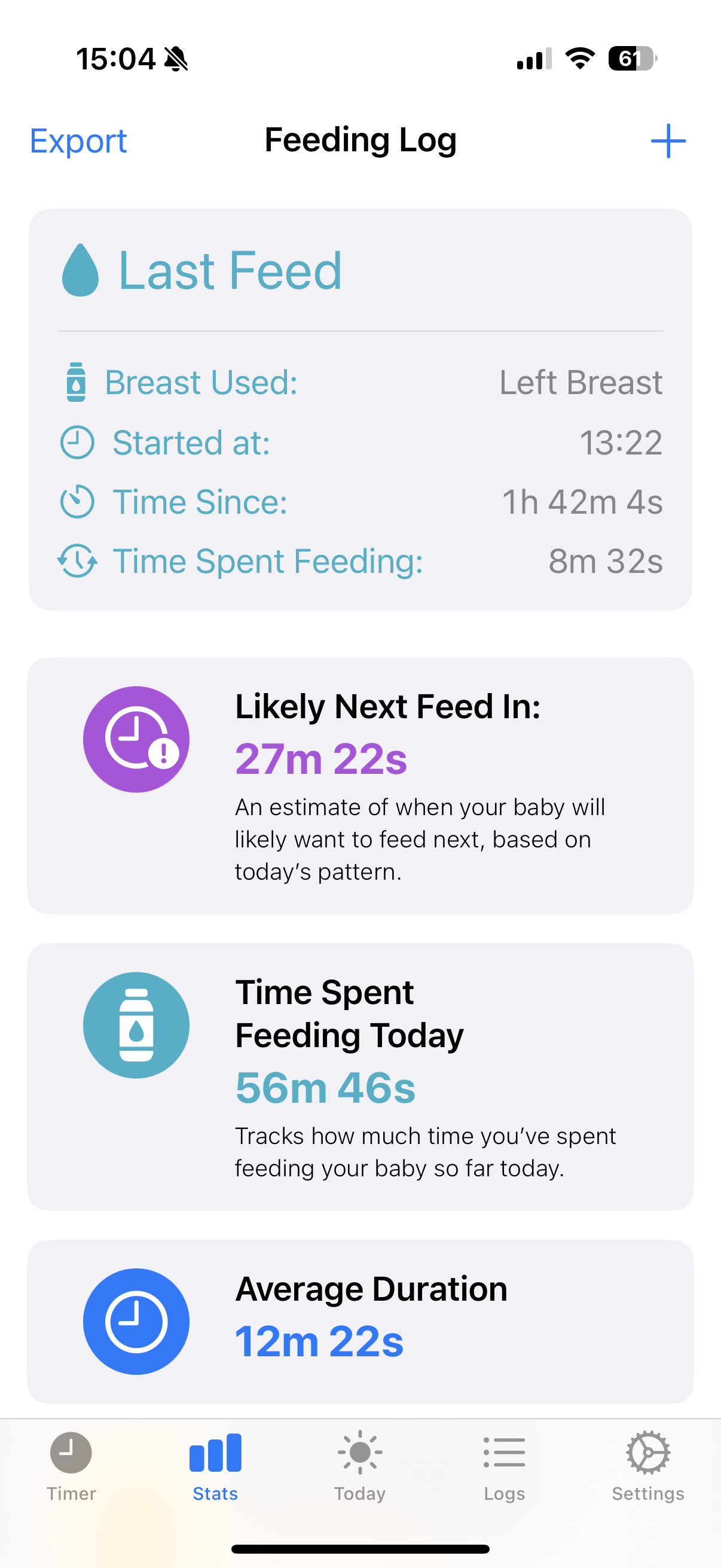 iPhone screen showing statistics view of iOS Breast Feeding Timer App with daily feeding durations, intervals, and side usage