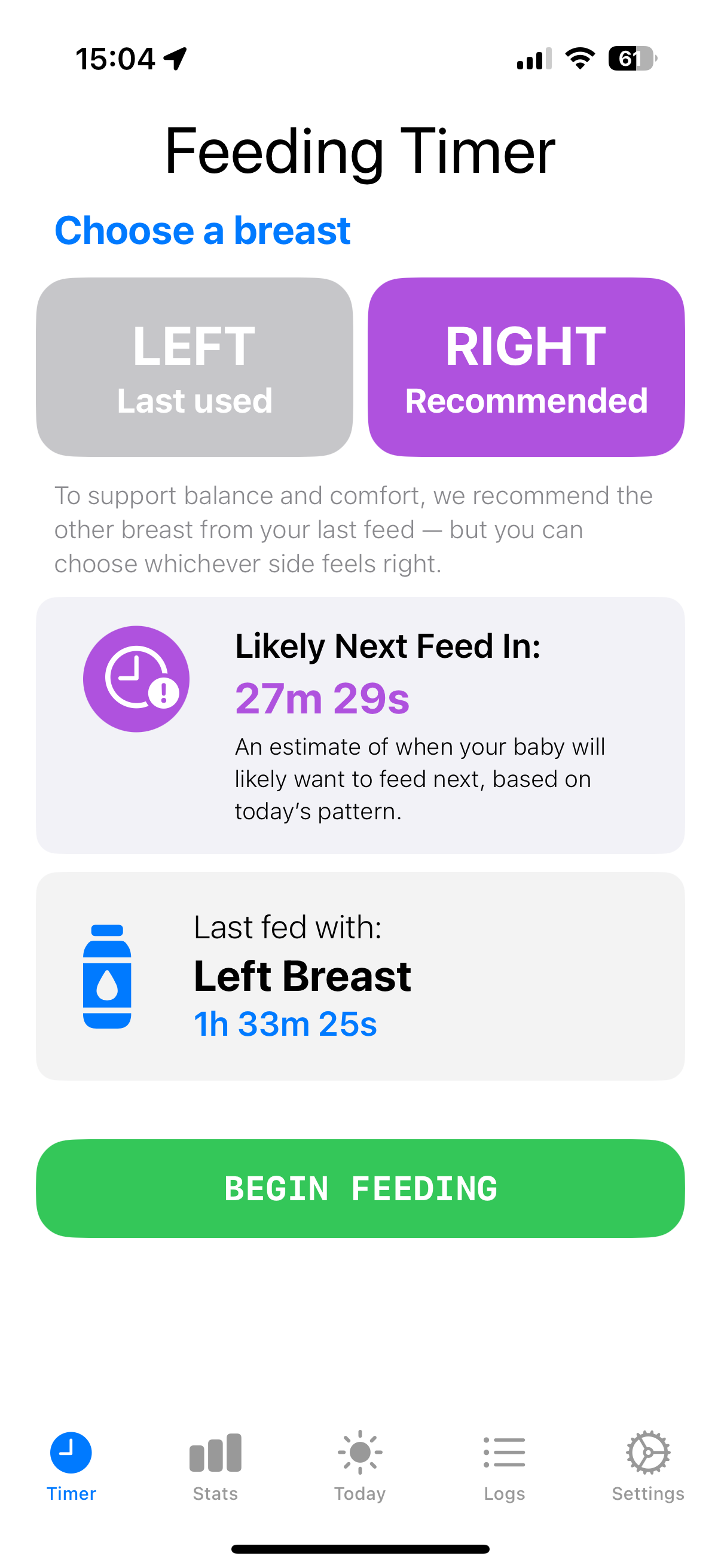 iPhone screen showing Feeding Timer App with active breastfeeding session and start time displayed