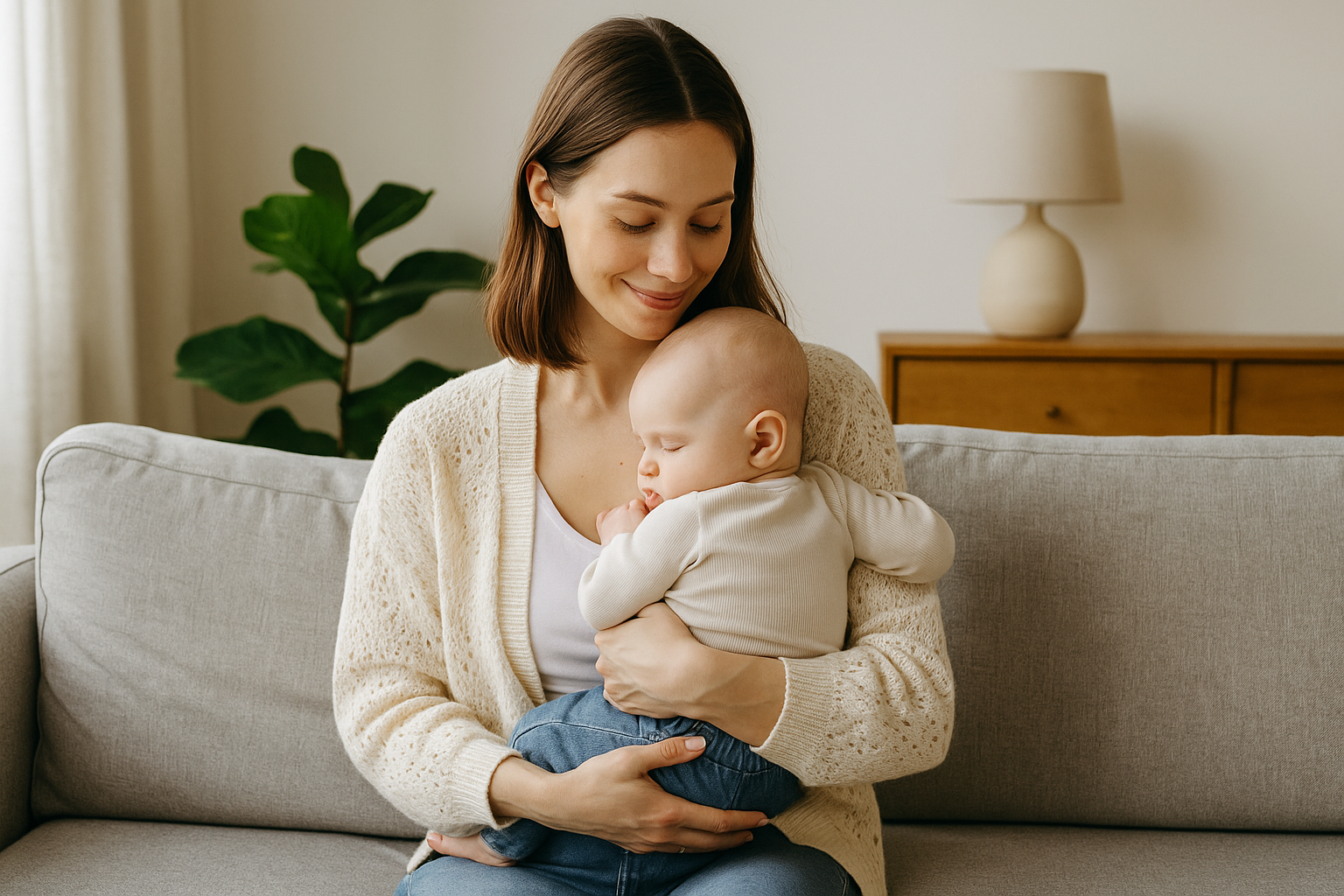 A calm mother holding her baby in a peaceful home setting