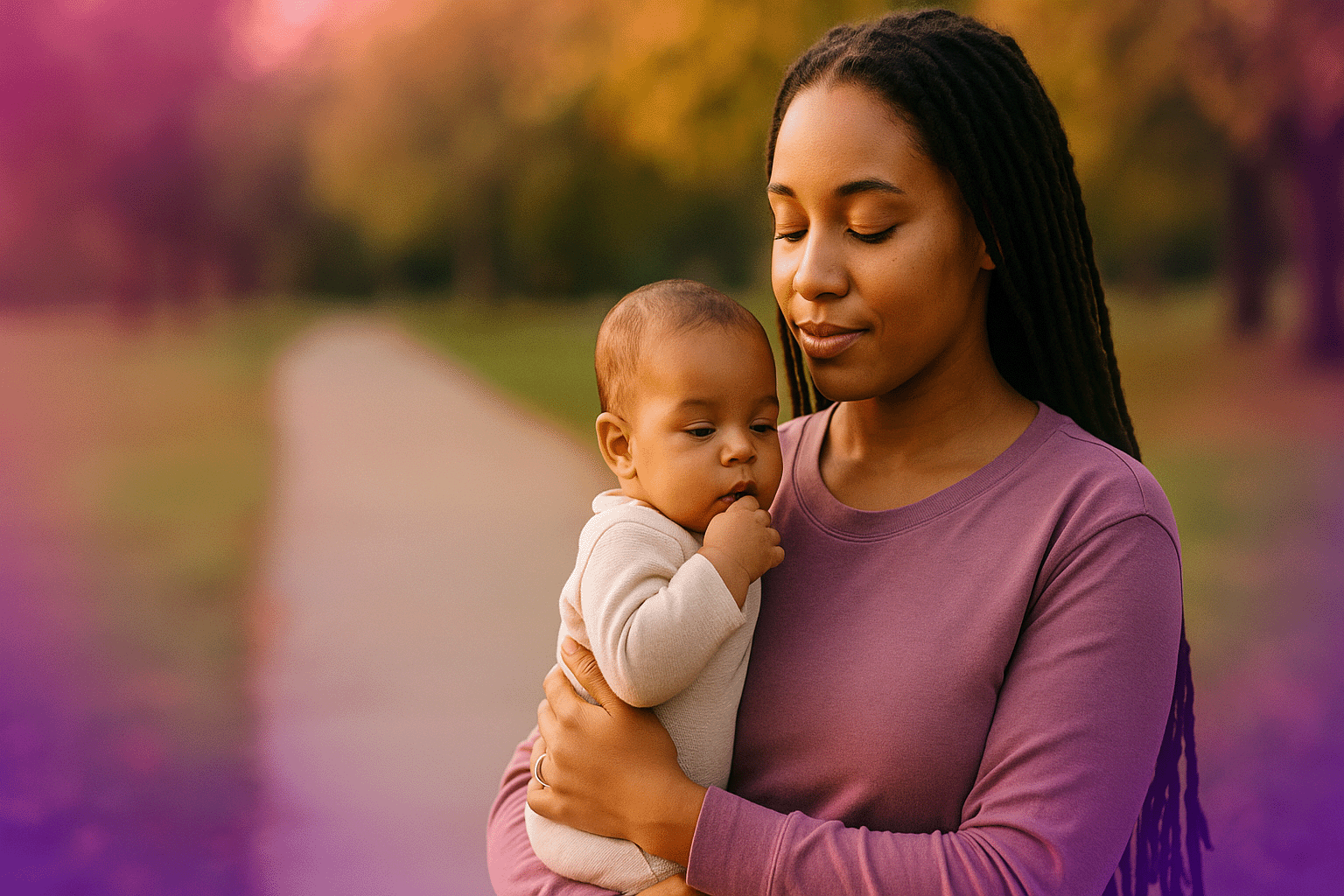 A calm mother holding her baby in a peaceful home setting