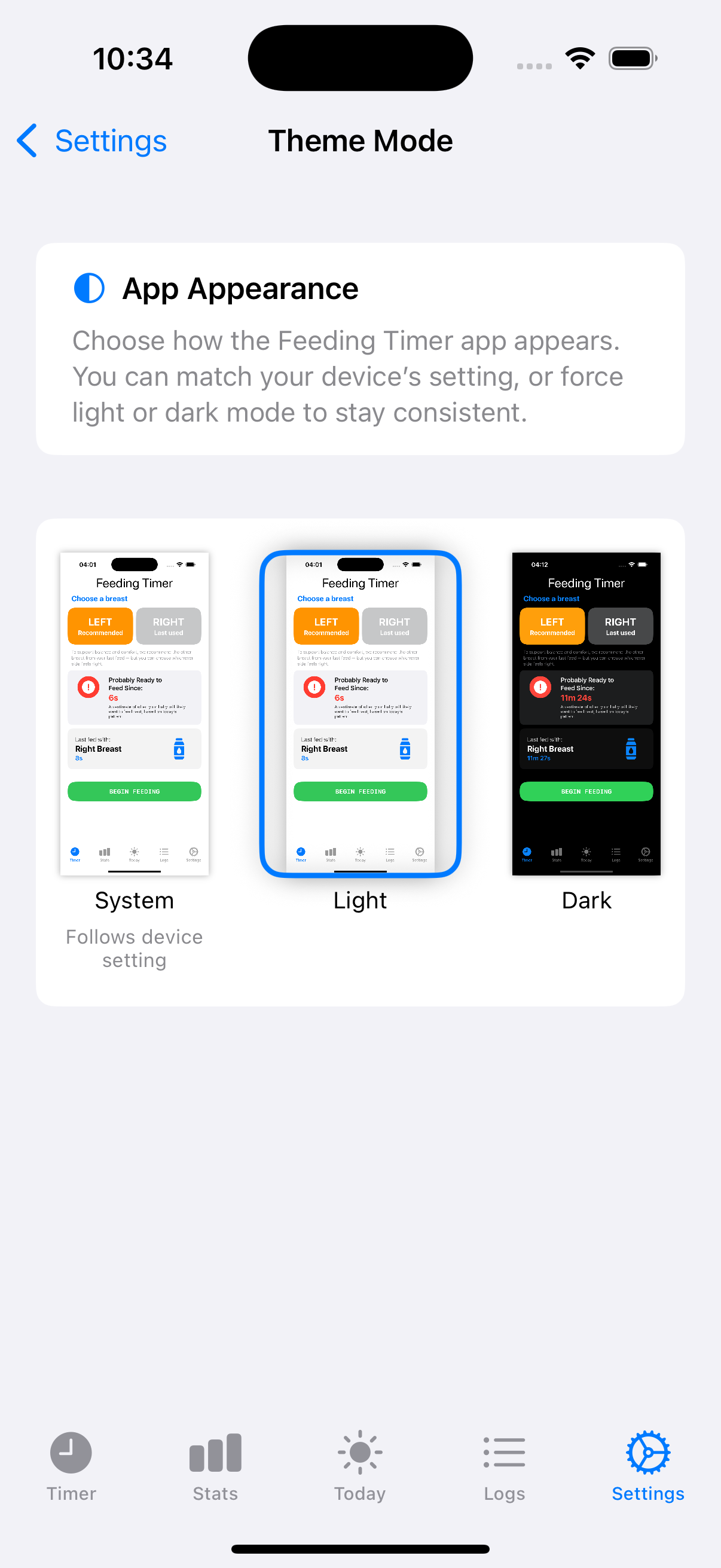 Settings screen with Appearance option