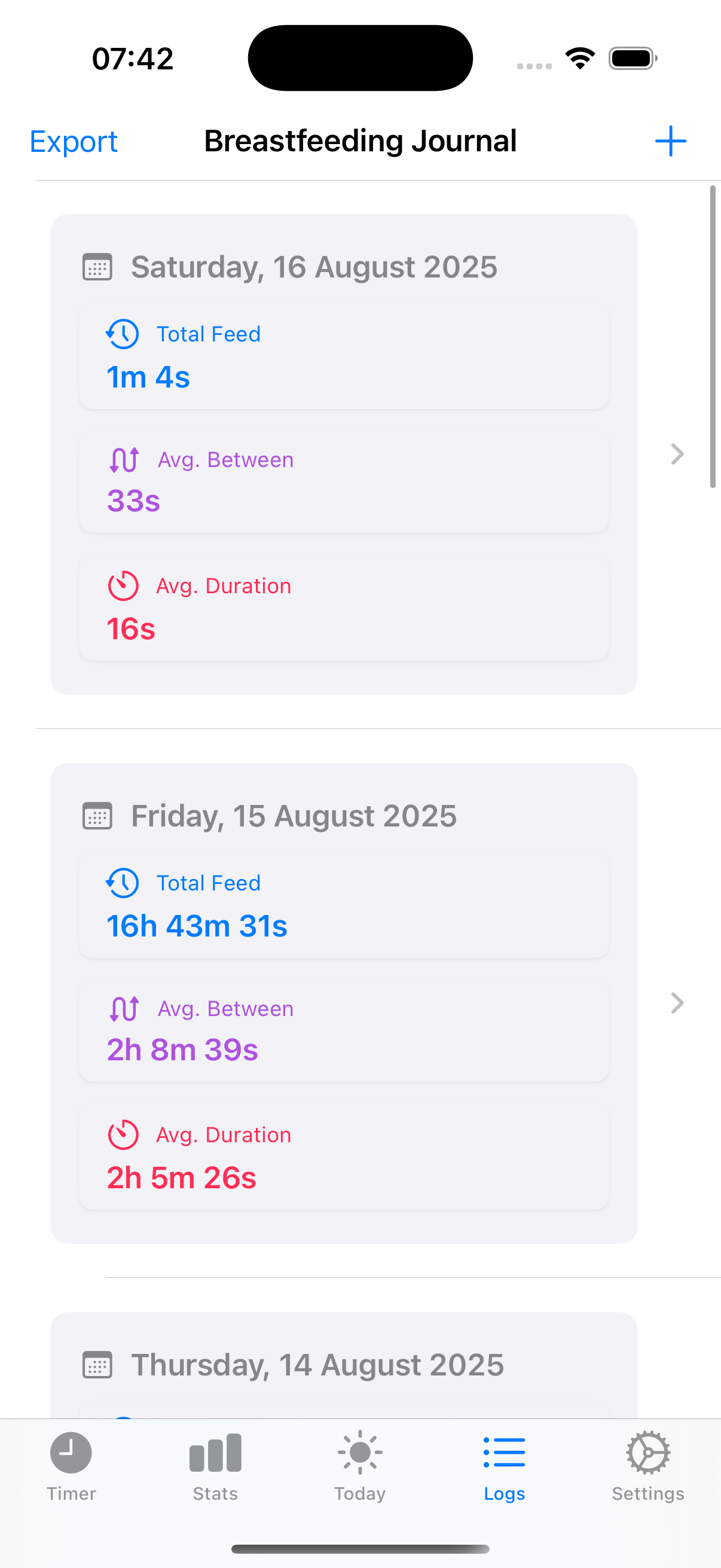 Logs view showing a chronological list of daily stats with date, total feed time, average interval, and average duration
