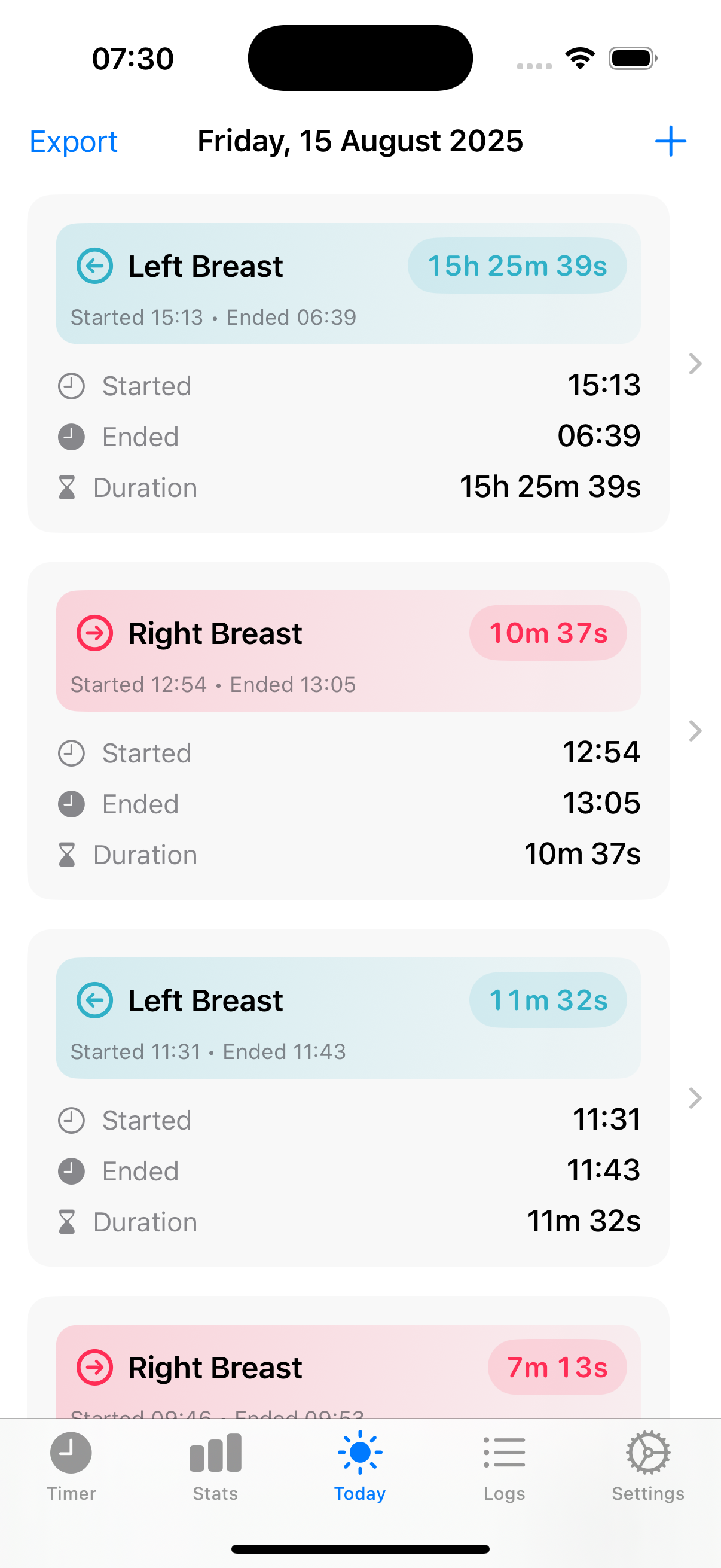 Today view showing a clean list of today’s feeds with side, start/end time, and duration