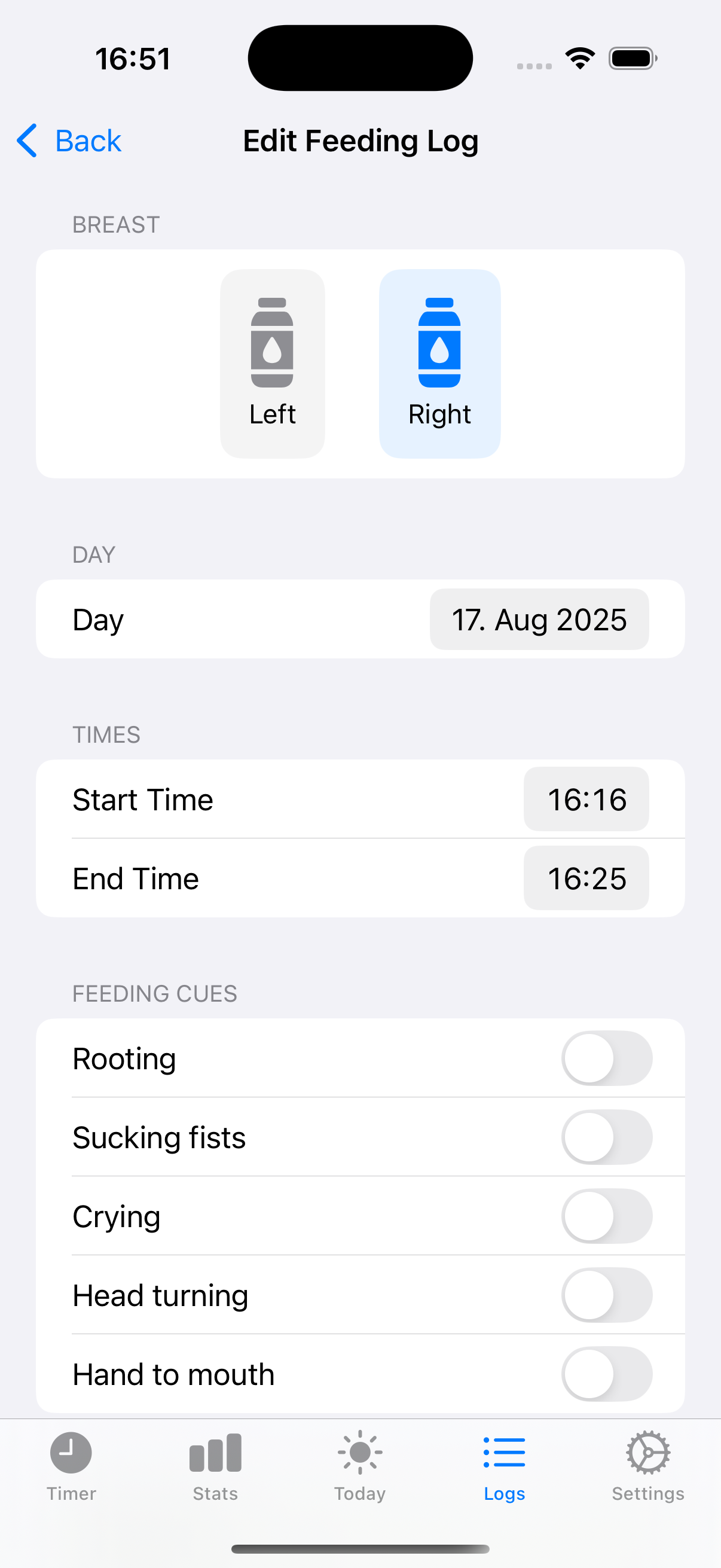 iPhone screen showing the Baby Feed Timer app for iOS with a detailed breastfeeding entry view
