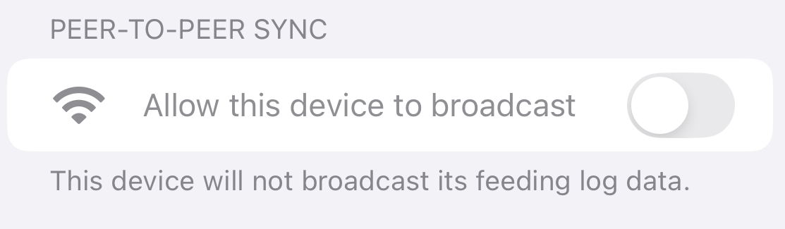 Peer‑to‑Peer Sync settings showing broadcast option and local discovery