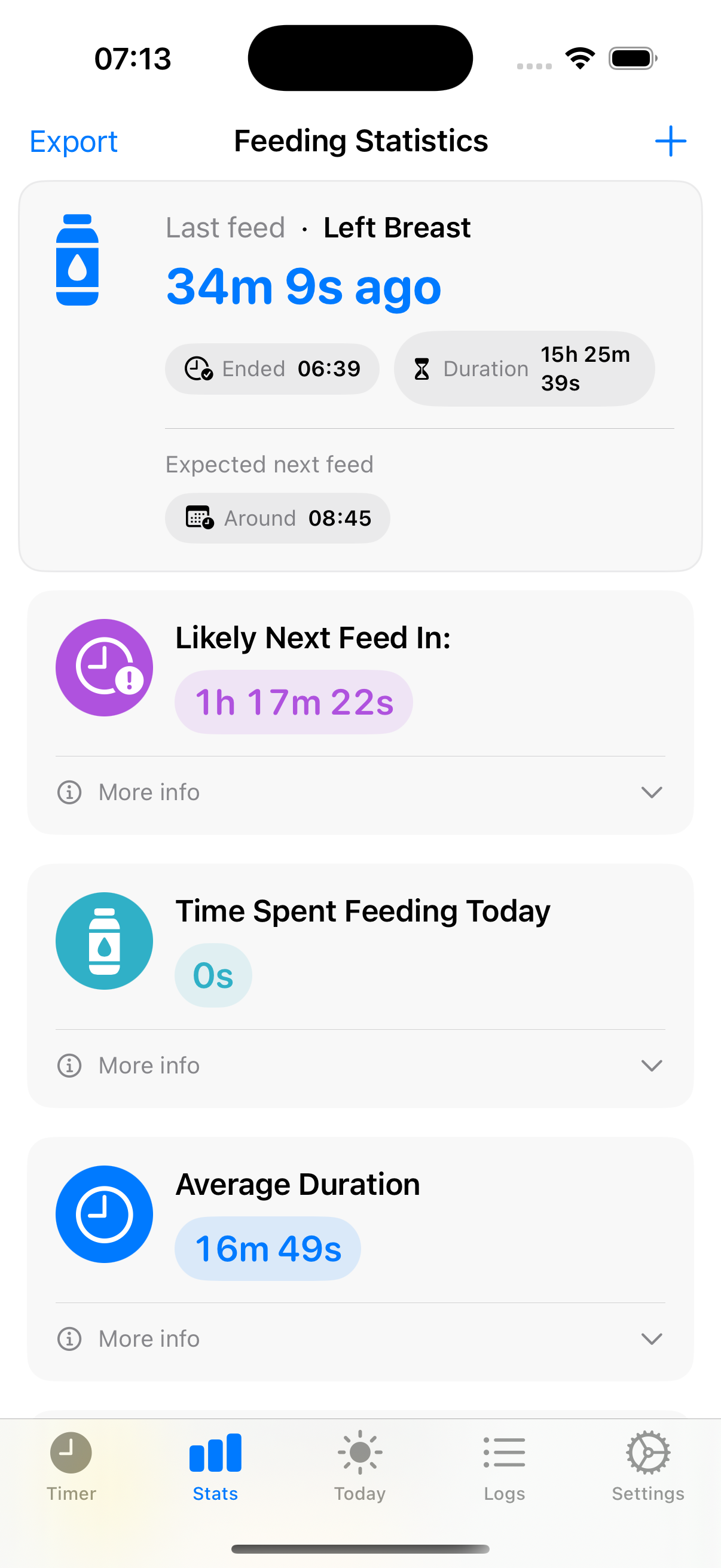 Statistics overview with time spent feeding, averages, intervals, and trends