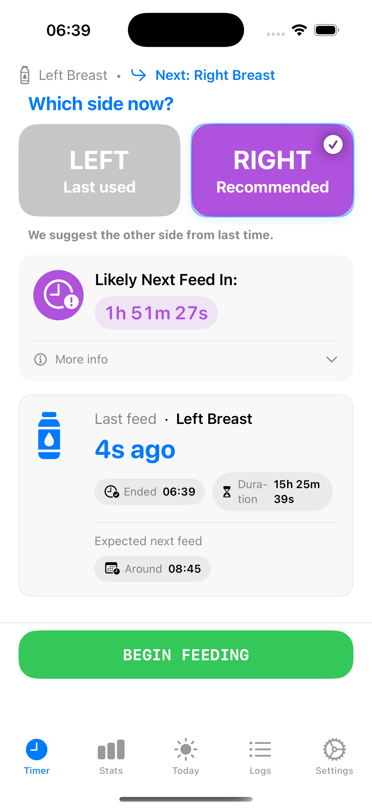 Timer screen showing live feed with left/right controls and running duration