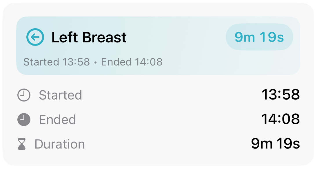 iPhone screen showing the Baby Feed Timer app for iOS logging a breastfeeding session on the left breast