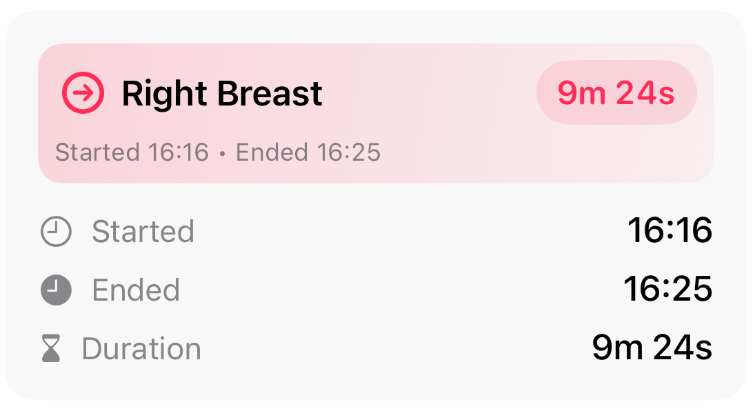 iPhone screen showing the Baby Feed Timer app for iOS logging a breastfeeding session on the right breast